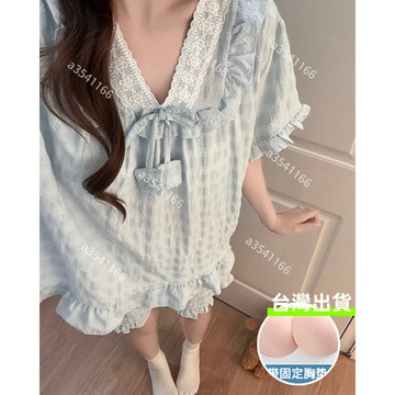 【夏季新款】梭織彩棉色織睡衣女 甜美少女短袖短褲套裝 帶胸墊 可外穿家居服 寬鬆舒適 休閒睡衣 少女家居服 睡衣套裝