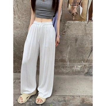 BAi白媽媽 抽繩麻紗寬褲／直條鬆緊腰垂感直筒褲－台灣現貨 隔日到貨【350422】
