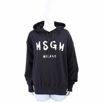 MSGM 白字母羅紋拼黑色棉質連帽長袖運動衫 大學T(女款)