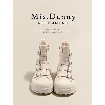 與愛私奔~白色高幫鞋女2025新款增高小眾設計感松糕厚底帆布板鞋