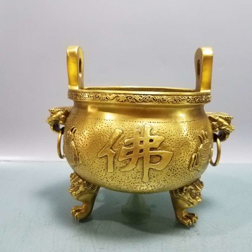 純銅佛字香爐擺件黃銅獅頭三足鼎香爐鎮宅辟邪香熏爐佛像供奉擺件