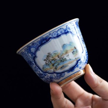 青花開窗山水茶杯高檔個人專用功夫茶具陶瓷品茗杯喝茶的杯子單杯