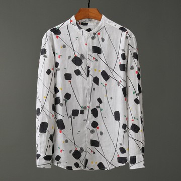 日系休閑印花立領長袖亞麻襯衫男士夏季透氣文藝寬松純麻料襯衣E