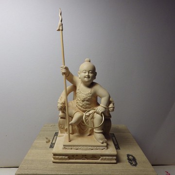 黃楊木精雕三太子幼童坐姿(高10公分) -