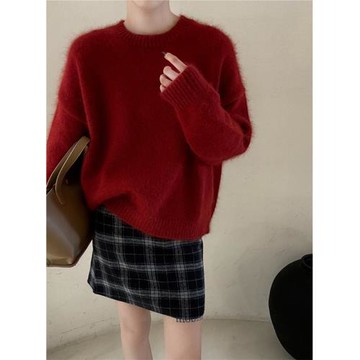 南瓜橘色圓領套頭軟糯毛衣女秋冬寬松慵懶風高級感加厚針織衫上衣