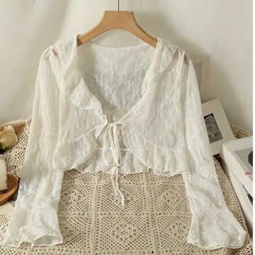 【太妮絲S527】現貨 韓系 蕾絲罩衫 杏色 溫柔 小外套 荷葉邊 綁帶 女 薄款 夏季 外套 罩衫 花朵