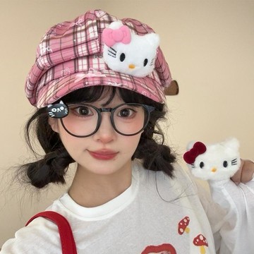 ✨壹灣出貨✨2025新款HelloKitty可愛KT粉色格紋貝雷帽女秋季顯臉小畵家帽帽子 8QK9