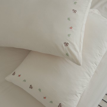 翔仔居家 色織水洗棉 刺繡枕套 (2入) 【燕麥杏 - 松鼠】刺繡色織水洗棉 長絨棉系列 枕頭套 純棉枕套