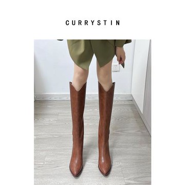 小個子v口長靴棕色靴子女2025新款爆款高跟長筒靴尖頭高筒騎士靴