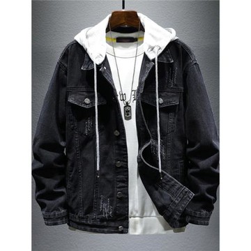 高級感連帽牛仔外套男痞帥大碼春秋款可拆卸帽子夾克復古潮牌外衣