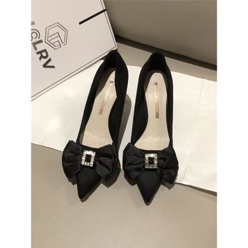 黑色高跟鞋女2024新款秋冬細跟尖頭水鉆蝴蝶結氣質法式單鞋配裙子