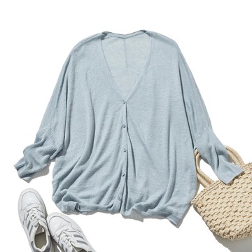 炎熱季節也涼爽舒適 九分袖亞麻開襟衫 抗 UV 防曬 水藍色