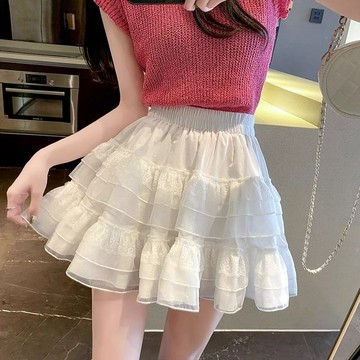 【砂糖夢境】超仙蕾絲蛋糕裙半身裙女春夏白色仙女紗裙防走光高腰a字蓬蓬短裙