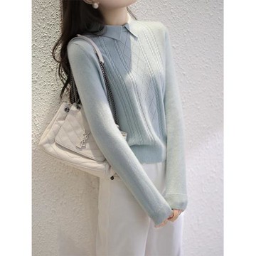 知性優雅翻領長袖羊毛女秋冬新款時尚百搭菱形提花顯瘦打底針織衫