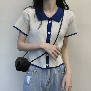 翻領冰絲針織開衫外套女夏學院設計感拼色顯瘦polo小香風短袖上衣