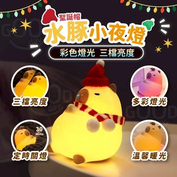 【Gooday✨台灣現貨】聖誕帽水豚小夜燈 卡皮巴拉拍拍燈 寶寶夜燈 拍拍燈 交換禮物 睡眠燈 造型小夜燈 床頭燈