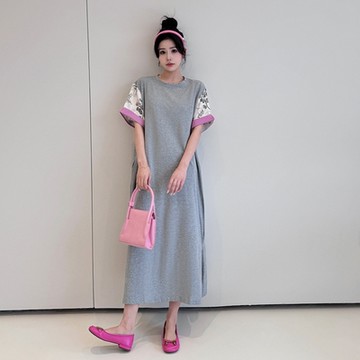 [巴黎精品] 長洋裝寬鬆連身裙-舒適拼接短袖開叉女裙子a1eq64