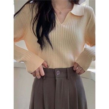 內搭打底衫女春秋款2026新款翻領長袖短款V領針織衫洋氣毛衣上衣