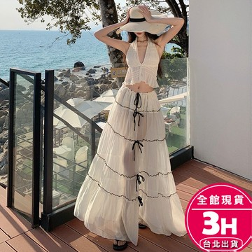 【梨卡】隔日到貨 女裝 洋裝 兩件式 背心 褶皺掛脖背心 露背半身裙 海邊度假長裙 百搭背心 C66309【現貨24H】
