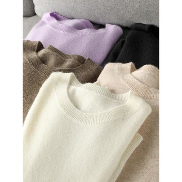 秋冬季圓領羊絨衫女士針織打底內搭長袖套頭毛衣簡約通勤韓版百搭