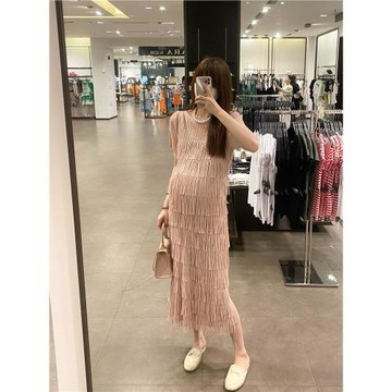 海德媽咪孕婦裝褶皺風氣質溫柔顯瘦流蘇少女減齡蛋糕中長連衣裙