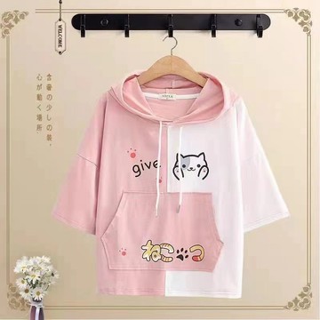 精梳棉拼色連帽衛衣女學生新款夏季短袖寬鬆印花體恤上衣少女裝