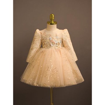 幼兒周歲小禮服女寶寶香檳色女童抓周公主裙花童主持高端長袖洋氣