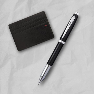 【SHEAFFER】100系列黑亮漆白夾鋼珠筆+經典卡夾禮盒 免費刻字