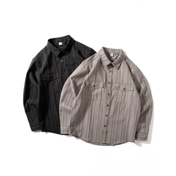 翻領條紋長袖襯衫男秋季新款日系復古寬鬆潮流休閒上衣男