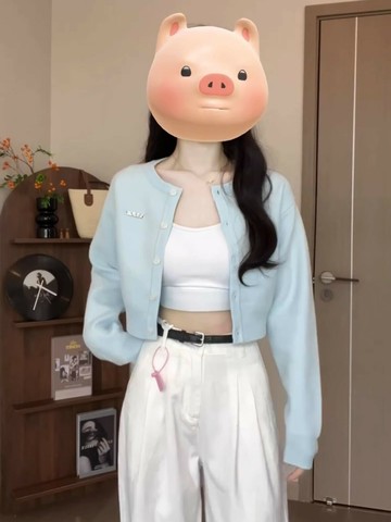 2024新款慵懶風藍色針織外套女早秋季小個子短款外搭上衣毛衣開衫【淘夢屋】