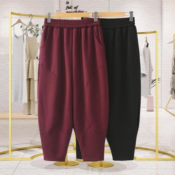 2025春季新款胖媽媽松緊腰休閑褲女寬松顯瘦加肥哈倫蘿卜高腰褲子