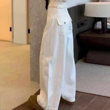 【臺灣出貨】2026白色美式彎刀牛仔褲女 夏薄新款小衆設計高腰顯瘦休閒闊腿褲子