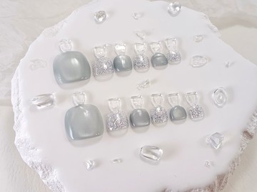 【YUE】冰霜水晶-銀灰漸層腳部穿戴甲