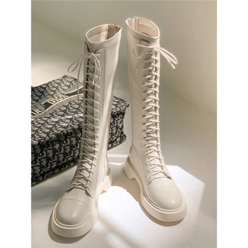 平底長筒靴女不過膝真皮彈力騎士靴白色厚底內增高系帶高筒馬丁靴