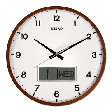 SEIKO 精工 / 33cm 數字刻度 LCD日期星期 滑動式秒針 靜音掛鐘 - 白x木質框 ＃QXL008B/SK048