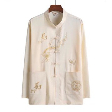 夏季唐裝襯衫長袖男冰絲棉綢中山上衣中老年人爸爸爺爺套裝70歲80