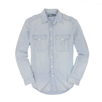 美國百分百【全新真品】Ralph Lauren 襯衫 RL 長袖 休閒 上衣 Polo 單寧藍 牛仔 口袋 素面 男 S M