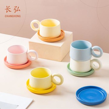 長弘 韓式馬卡龍馬克杯撞色可愛清新陶瓷咖啡杯碟下午茶早餐杯子
