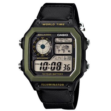 【CASIO 卡西歐】復古方形 電子錶 帆布錶帶 世界地圖 鬧鈴碼表 防水100米 AE-1200WH (AE-1200WHB-1B)