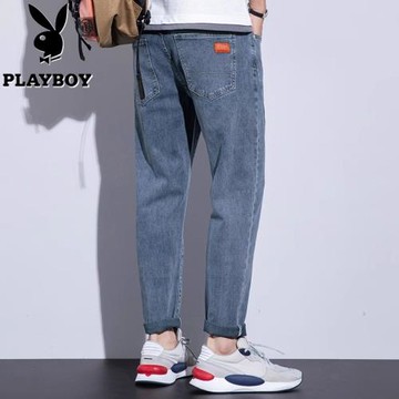 花花公子彈性牛仔褲男士秋冬季款潮牌水洗復古寬松直筒藍色長褲子
