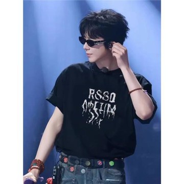 劉宇寧同款美式黑色正肩短袖T恤男款夏季設計感寬松純棉情侶上衣