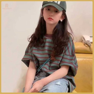 🌺女童上衣🌺女童短袖條紋圓領t恤棉質夏裝新款洋氣女孩中大童半袖上衣夏季ins Q8QI