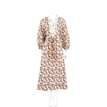 TORY BURCH V領優雅度假風棕色花卉洋裝(附綁帶)