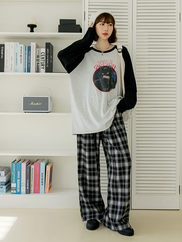 復古格紋腰鬆緊抽繩直筒褲