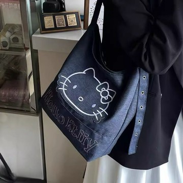 kitty托特包 單肩包🎀 休閒大容量牛仔布包包百搭單肩斜挎包通勤托特包水桶包