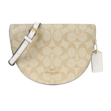 COACH 經典馬車C LOGO皮革斜背半月包(卡其X白)