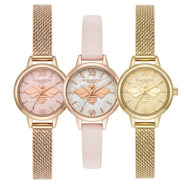 Olivia Burton 3D Bee 3D蜜蜂浮雕 櫻花粉閃耀面 米蘭帶腕錶 三款可選 24000229/30/31