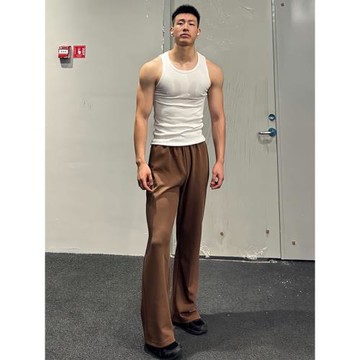 美式復古咖色冰皮彎刀西褲男款夏季垂墜感高級感冰絲微喇運動褲子