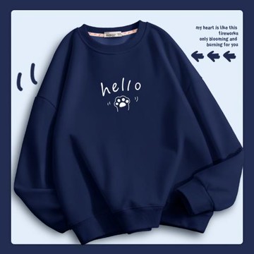 初中學生長袖衛衣女春裝無帽薄款藏青色圓領寬松大碼胖MM顯瘦上衣