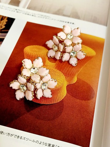 vintage jewelry  優雅立體膠彩萊茵小花 夾式耳環